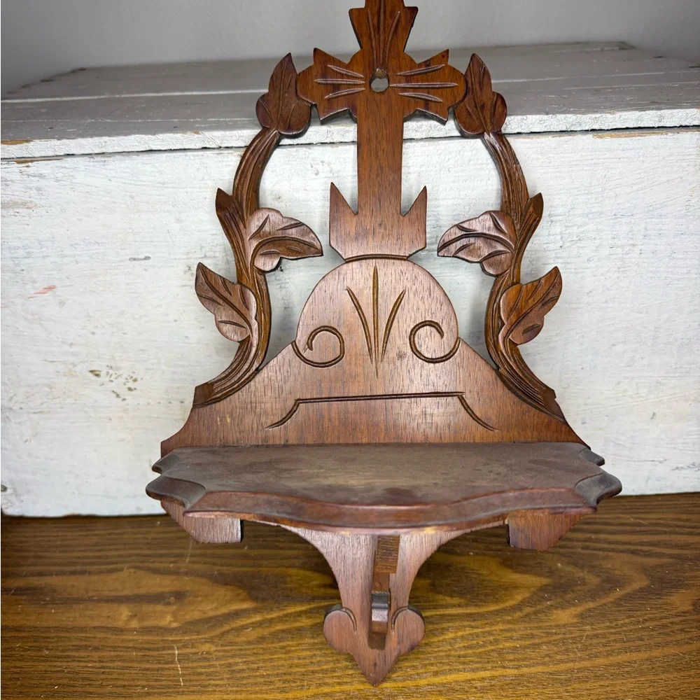 Vintage Victorian Style Scroll Wood Folding Wall Shelf Ornate primitive, distres